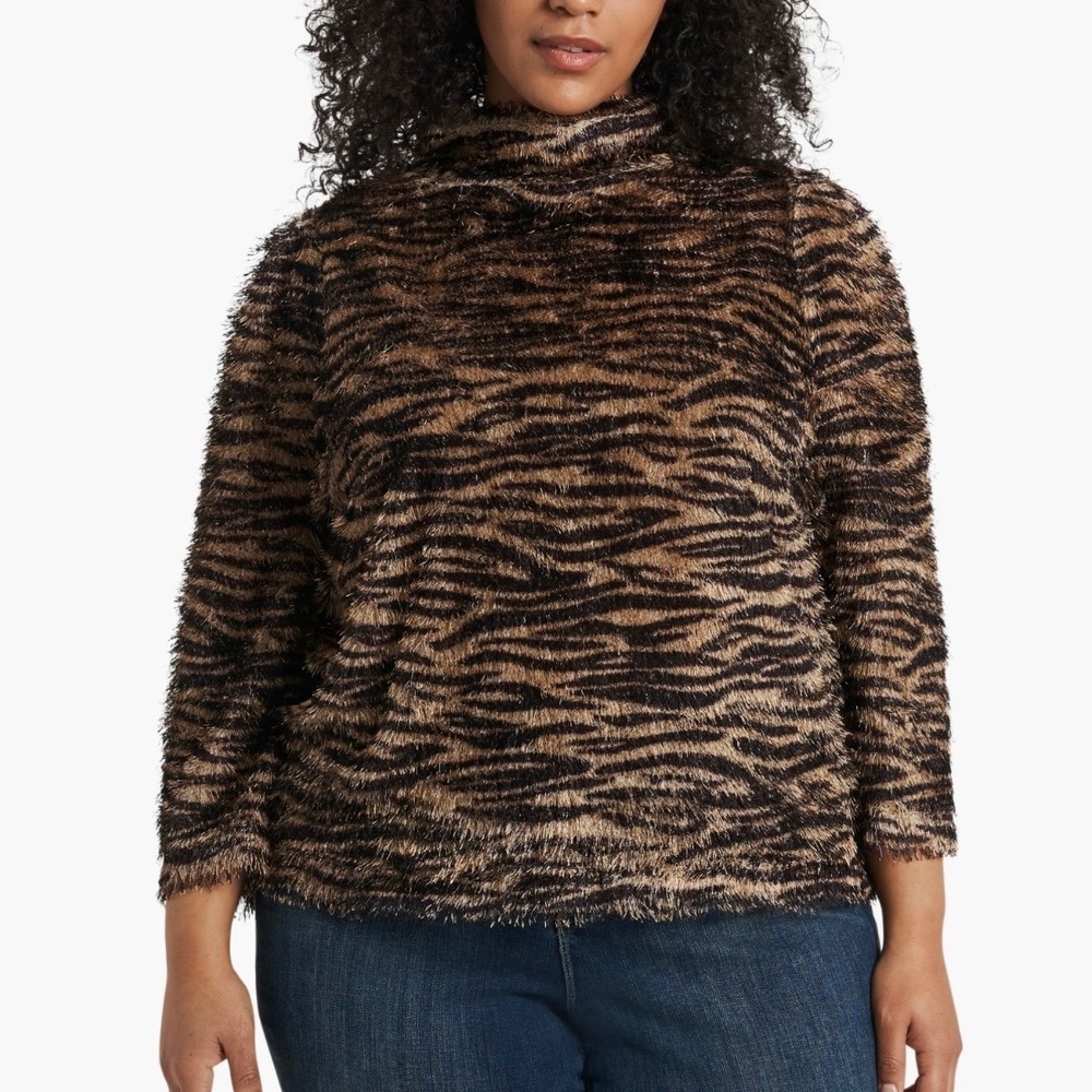 Vince Camuto Eyelash Knit Animal Print Mock Neck Sweater 2X Brown Gold Mob Wife
